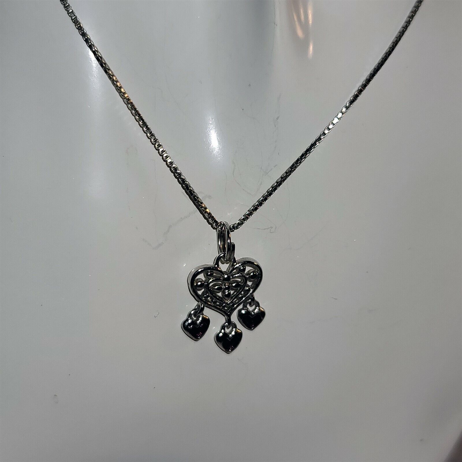 Pretty .925 Sterling Silver Filigree Heart W/ Tiny Heart Charms On 18